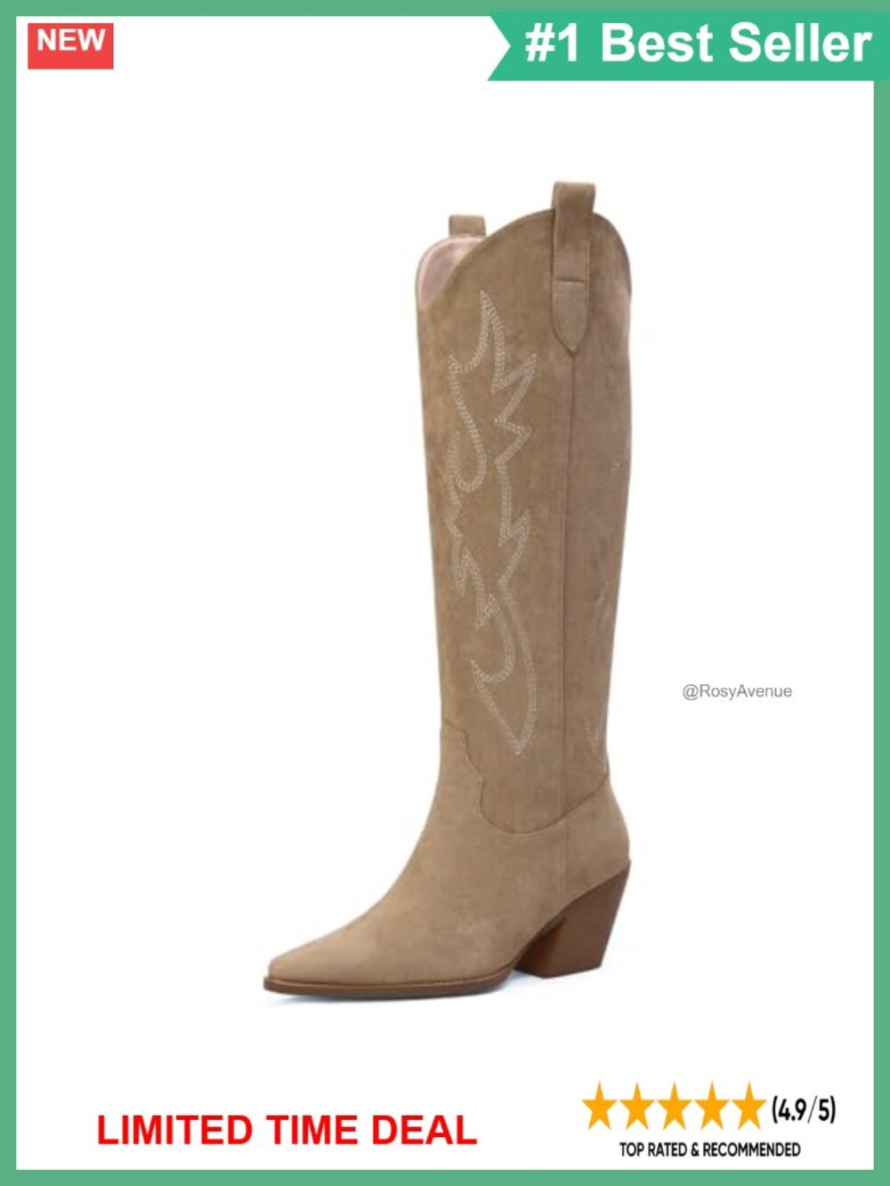 Faux Suede Knee High Cowboy Boots Pointed Toe Embroidered Western